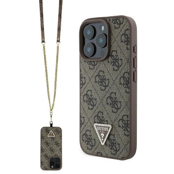 Guess iPhone 16 Pro Max - Leather Metal Logo Strass Crossbody - Θήκη με Επένδυση Συνθετικού Δέρματος και Λουράκι - Brown - GUHCP16XP4TDSCPW
