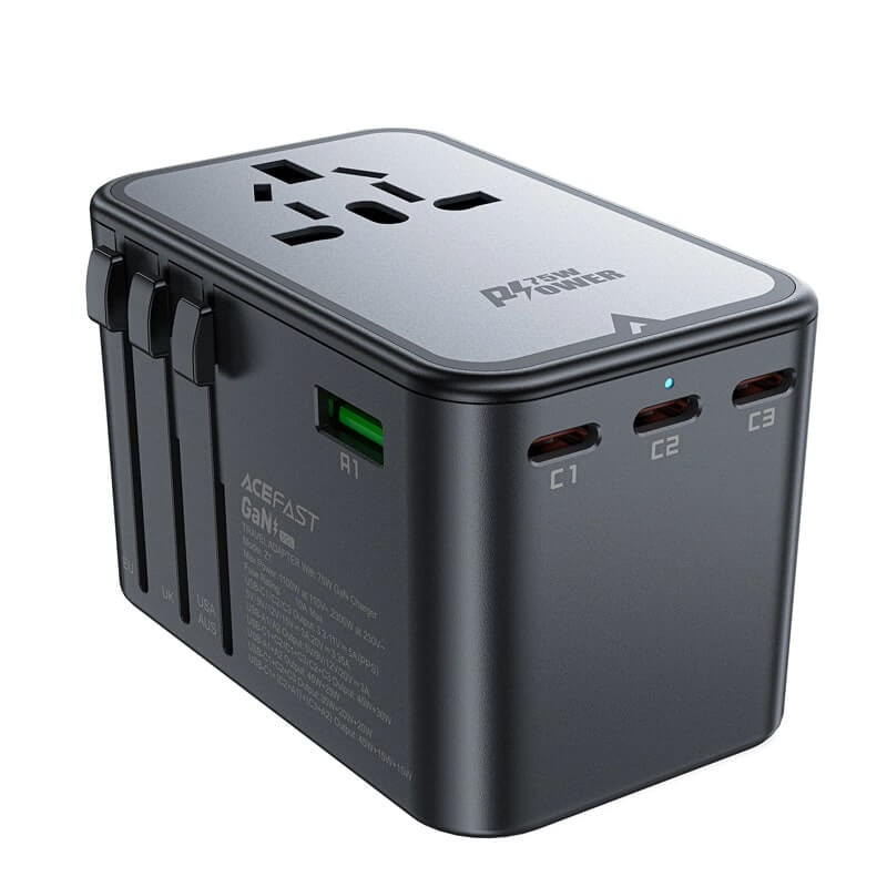 Acefast Z1 GaN 75W PD Φορτιστής Ταξιδίου με Ενσωματωμένα Βύσματα EU / UK / US / AUS με 3 Θύρες Type - C και 2 Θύρες USB - Black