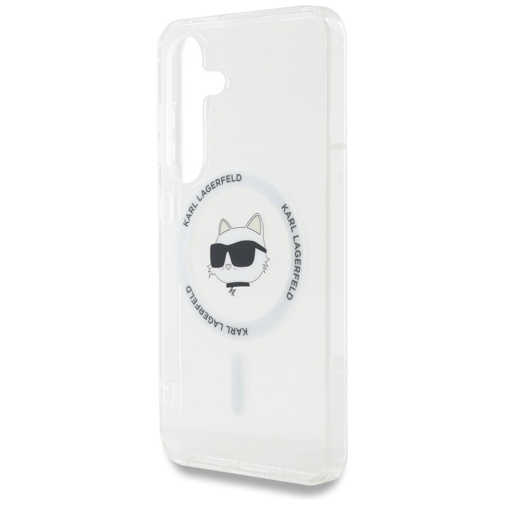 Karl Lagerfeld Samsung Galaxy S25 - Button Choupette Head Printed Logo - MagSafe Σκληρή Θήκη με Πλαίσιο Σιλικόνης - White - KLHMS25SHLSCHH