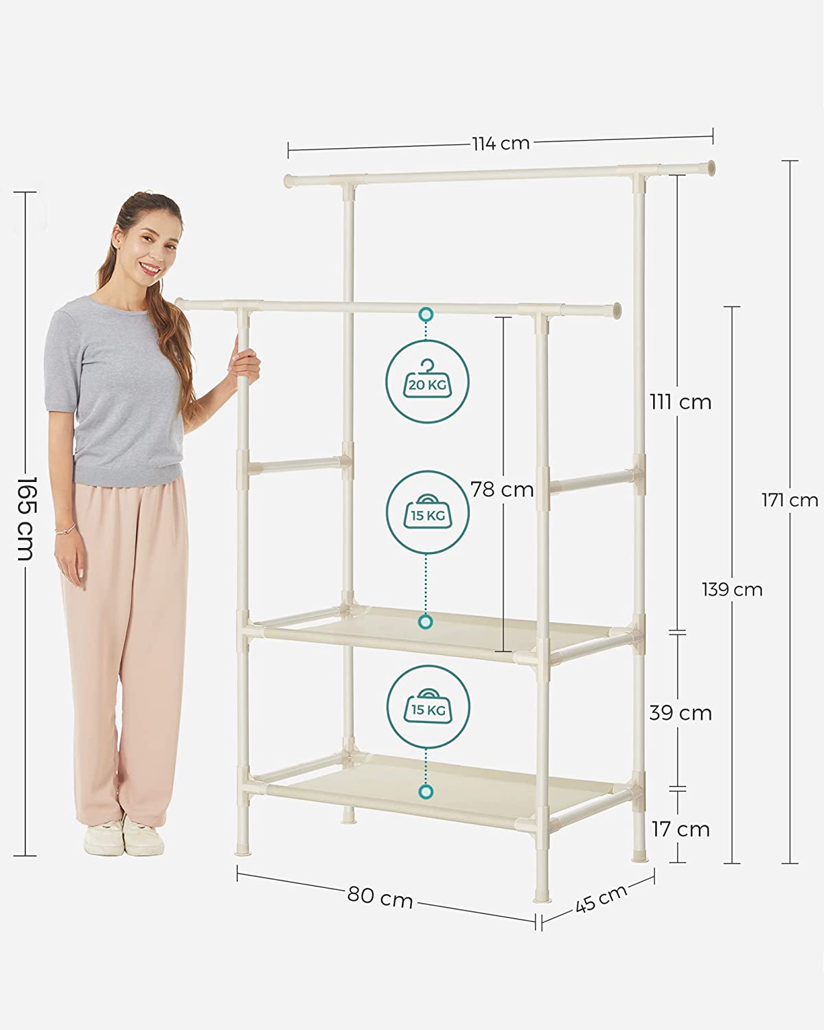 Songmics Κρεμάστρα Δαπέδου με 2 Pάγες Pούχων και 2 Ράφια - Ράγα Ρούχων με Ράφια - White - RDR02WT