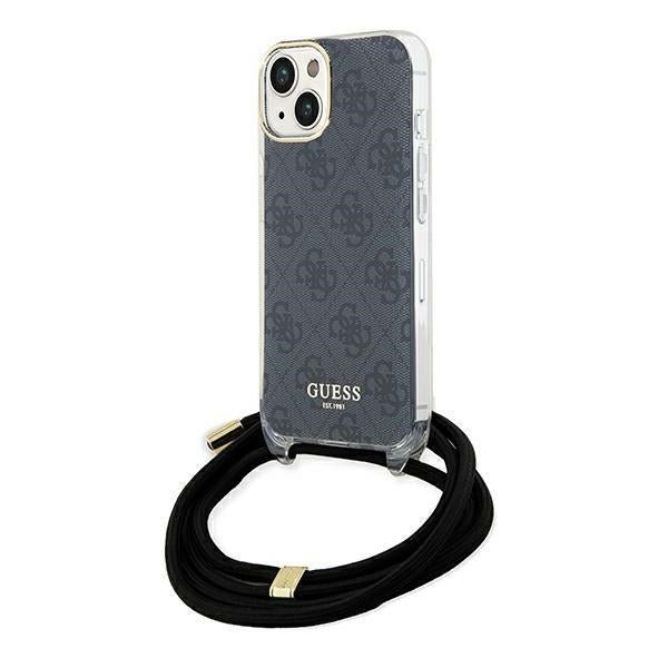 Guess iPhone 15 Crossbody Cord 4G Print Σκληρή Θήκη με Πλαίσιο Σιλικόνης και Λουράκι - Black - GUHCP15SHC4SEK