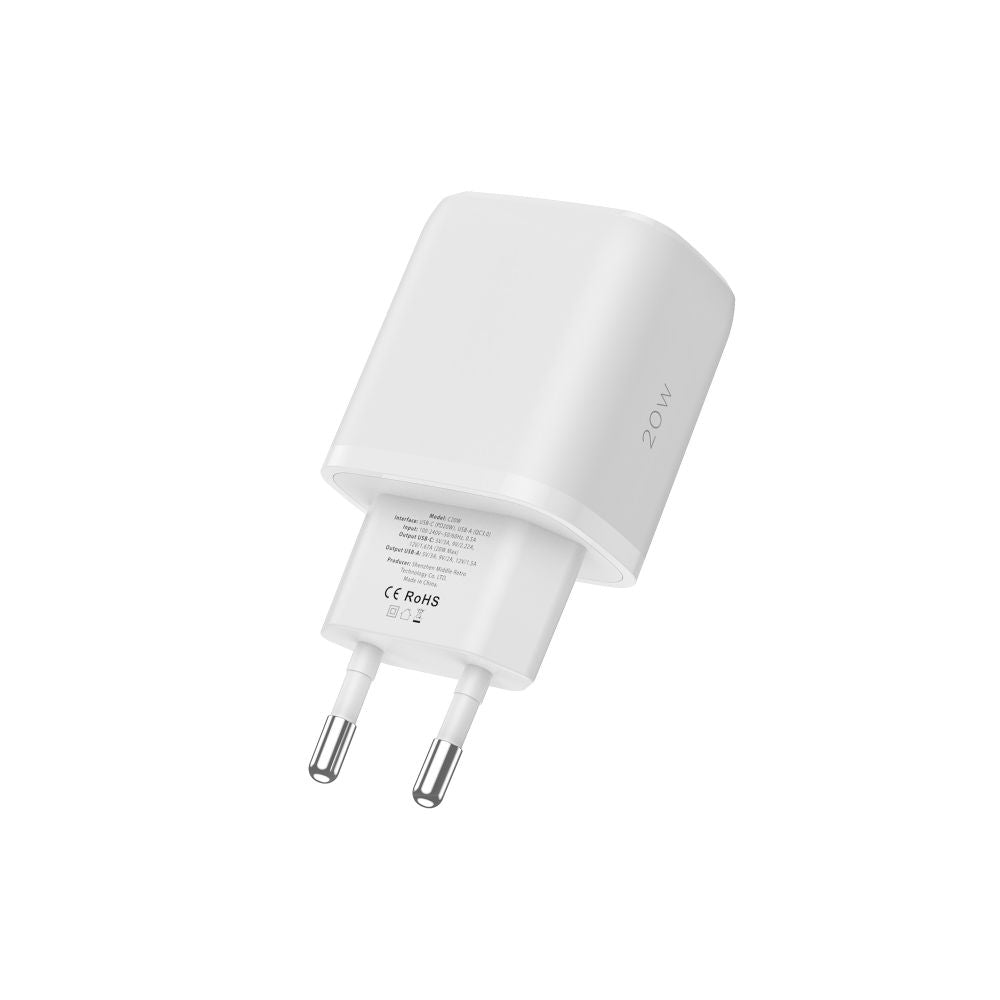 Tech - Protect C20W QC3.0 Οικιακός Φορτιστής Γρήγορης Φόρτισης με 2 Θύρες USB και Type C - White