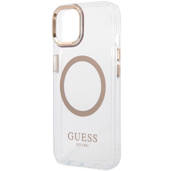 Guess iPhone 15 Plus / 14 Plus Metal Outline MagSafe Σκληρή Θήκη με Πλαίσιο Σιλικόνης και MagSafe - Gold - GUHMP15MHTRMD