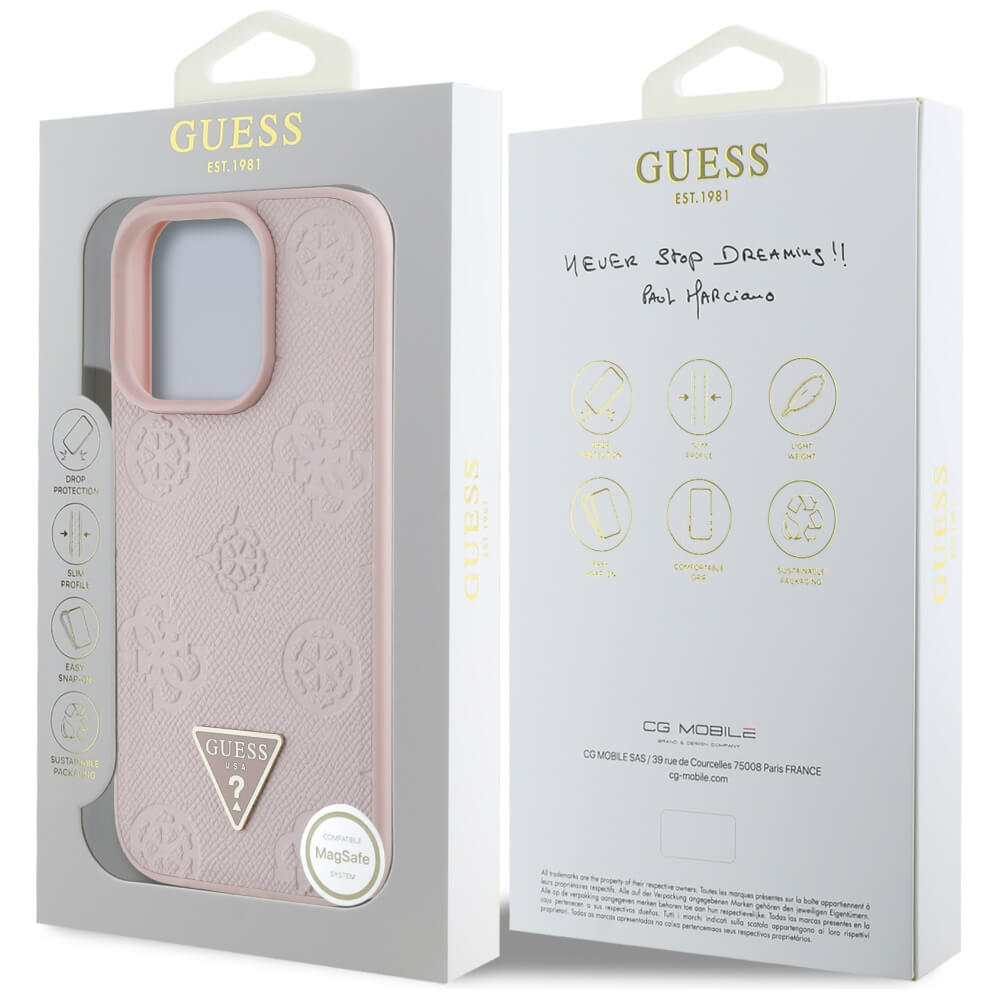 Guess iPhone 16 Pro Max - Grained Hot Stamp Peony Triangle Logo - MagSafe Σκληρή Θήκη με Επένδυση Συνθετικού Δέρματος - Pink - GUHMP16XPGBTMP