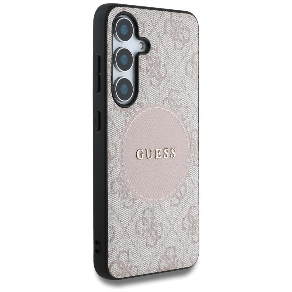 Guess Samsung Galaxy S25 Plus - 4G Round Patch Classic Logo - Θήκη με Επένδυση Συνθετικού Δέρματος και MagSafe - Pink - GUHMS25MP4PGRSGP