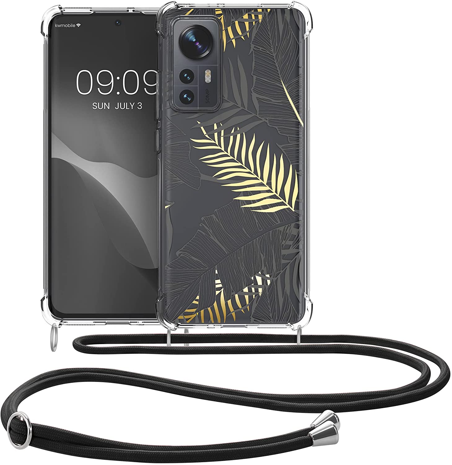 KW Xiaomi 12 / 12X Θήκη Σιλικόνης TPU με Λουράκι Design Palm Leaves - Yellow / Grey / Διάφανη - 58199.02