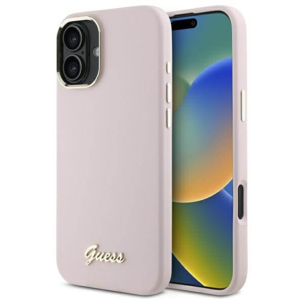 Guess iPhone 16 Plus - Silicone Script Metal Logo and Frame - Σκληρή Θήκη με Πλαίσιο Σιλικόνης - Pink - GUHCP16MSMBSLP