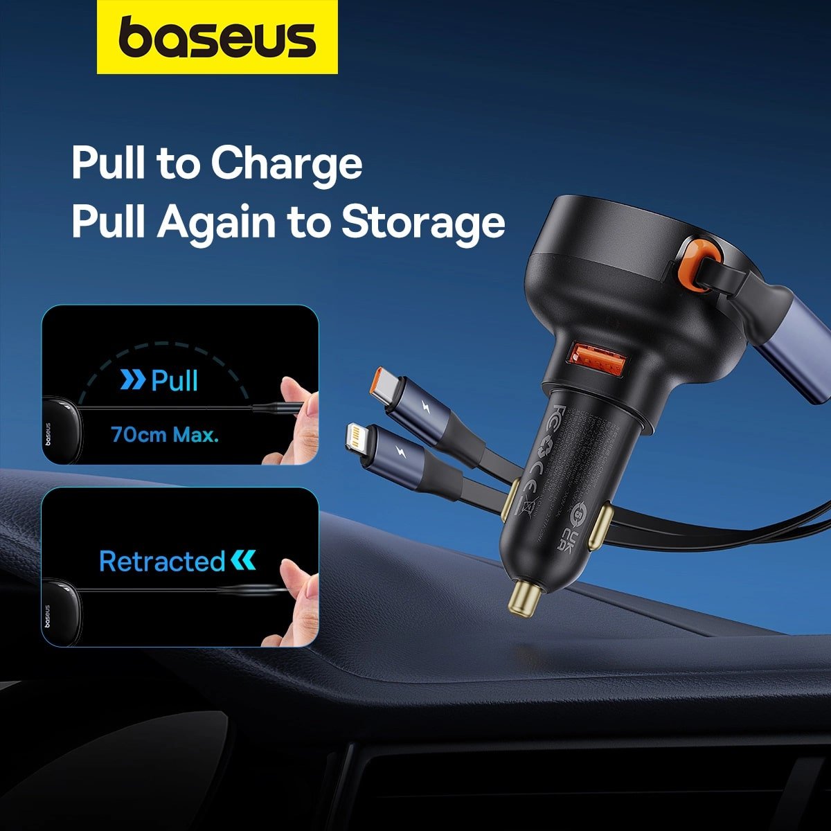 Baseus Enjoyment Pro Φορτιστής Αυτοκινήτου με Θύρα USB και Ενσωματωμένα Καλώδια Type - C και Lightning 60W - Black - C00057802111 - 02