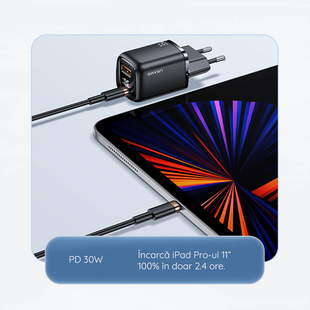 Usams Travel Charger Kit 33W Οικιακός Φορτιστής με 1 Θύρα Type - C και 1 Θύρα USB και καλώδιο Type - C to Lightning 20W - Black - UDTZ01
