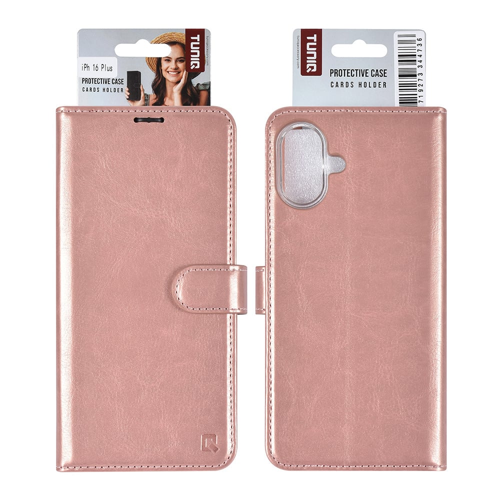 Tuniq iPhone 16 Plus - Θήκη Πορτοφόλι Stand από Δερματίνη - Rose Gold