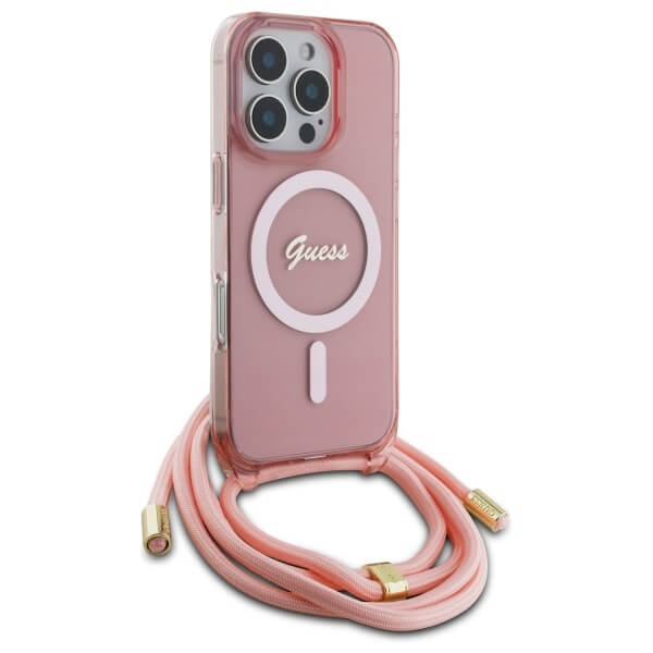 Guess iPhone 16 Pro Max - Crossbody Cord Script MagSafe - Σκληρή Θήκη με Πλαίσιο Σιλικόνης και Λουράκι - Pink - GUHMP16XHCTSGNSP
