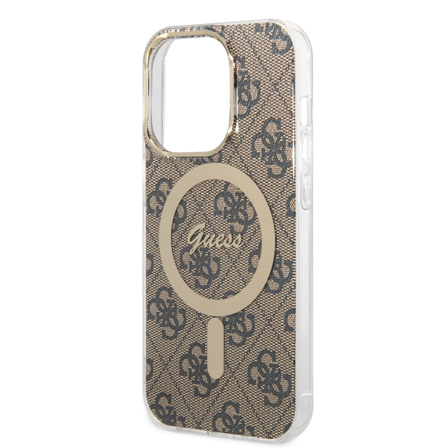 Guess iPhone 14 Pro - Bundle Pack MagSafe - Σετ Σκληρή Θήκη με Πλαίσιο Σιλικόνης και Ασύρματος Φορτιστής MagSafe - Design 4G and Gold - Brown - GUBPP14LH4EACSW