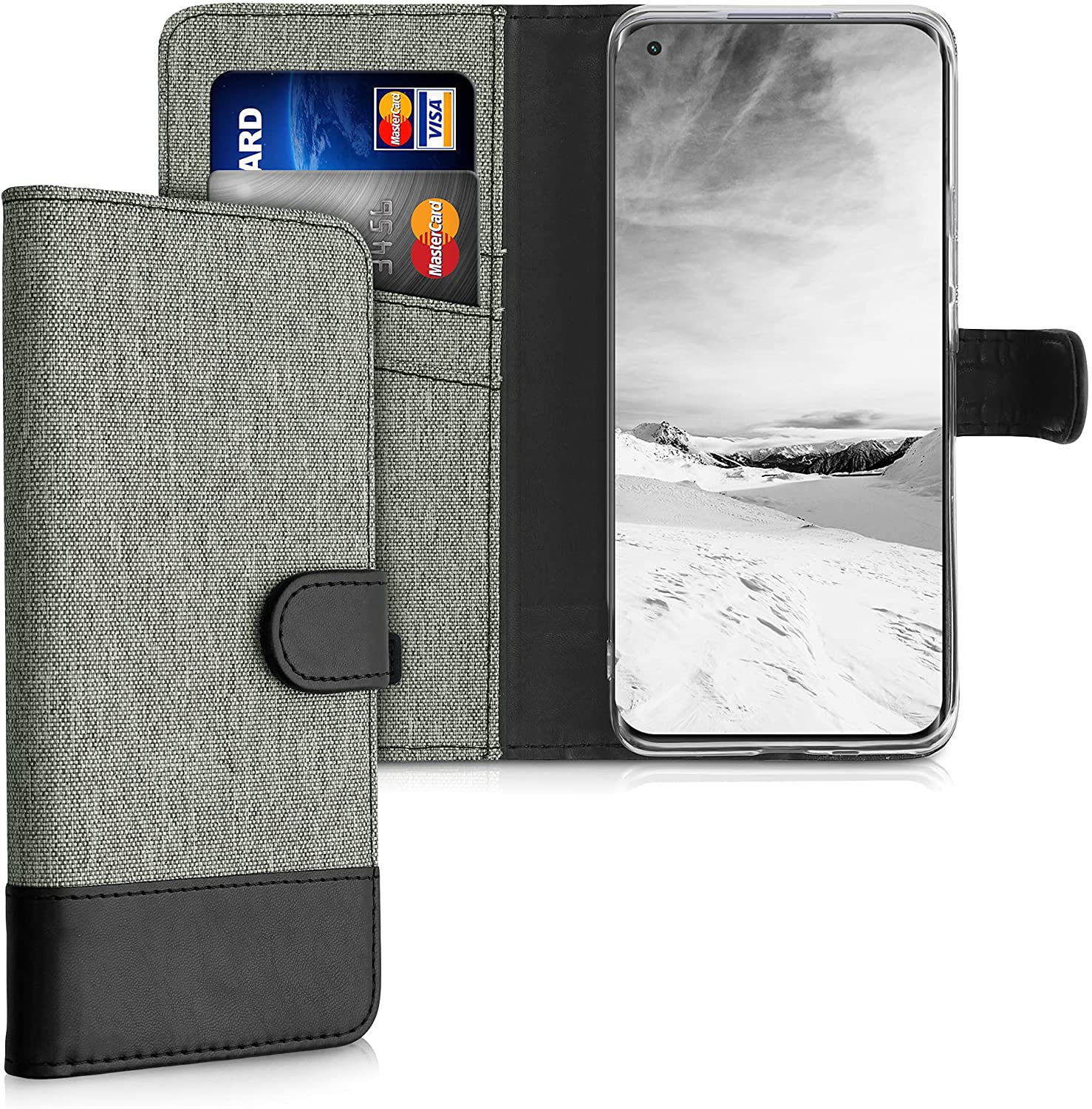 KW Xiaomi Mi 11 Θήκη Πορτοφόλι Stand Canvas - Grey / Black - 54661.22