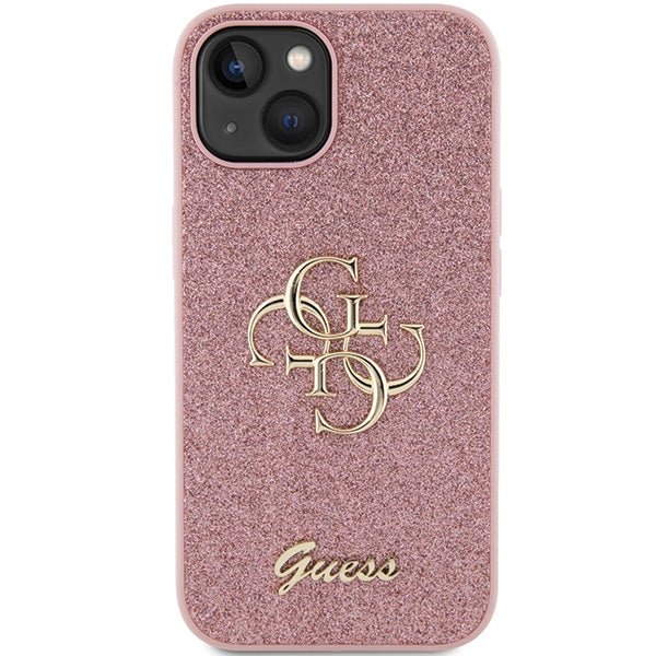 Guess iPhone 15 Glitter Script Big 4G Σκληρή Θήκη με Πλαίσιο Σιλικόνης - Pink - GUHCP15SHG4SGP