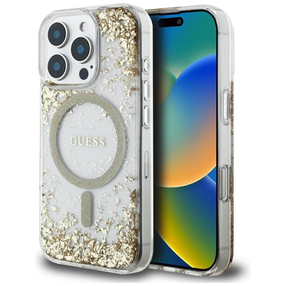 Guess iPhone 16 Pro - HC Resin Bottom Glitter - MagSafe Σκληρή Θήκη με Πλαίσιο Σιλικόνης - Gold - GUHMP16LRGRGED