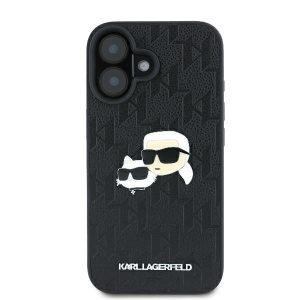 Karl Lagerfeld iPhone 16 - Monogram Karl and Choupette Head Pin Σκληρή Θήκη με Επένδυση Συνθετικού Δέρματος - Black - KLHCP16SPGKLKCPK