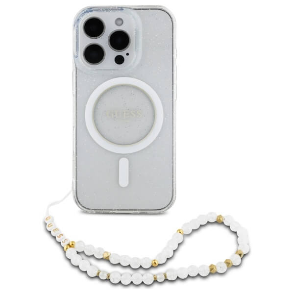 Guess iPhone 16 Pro Max - IML Glitter With Pearl Strap - MagSafe Σκληρή Θήκη με Πλαίσιο Σιλικόνης και Λουράκι - Διάφανη - GUHMP16XHGCRELST