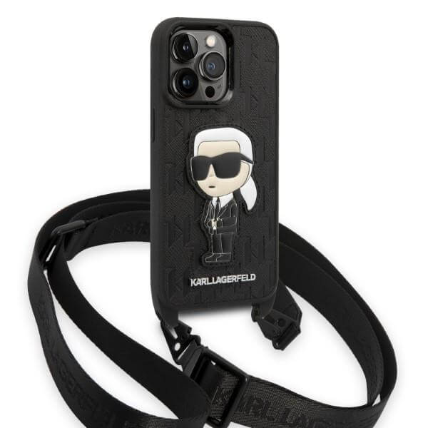 Karl Lagerfeld iPhone 14 Pro - Monogram Ikonik Patch Σκληρή Θήκη με Λουράκι - Black - KLHCP14LSTKMK