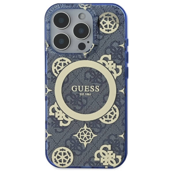 Guess iPhone 16 Pro - IML Peony On 4G Background MagSafe - Θήκη με Επένδυση Συνθετικού Δέρματος - Blue - GUHMP16LH4PYEEB