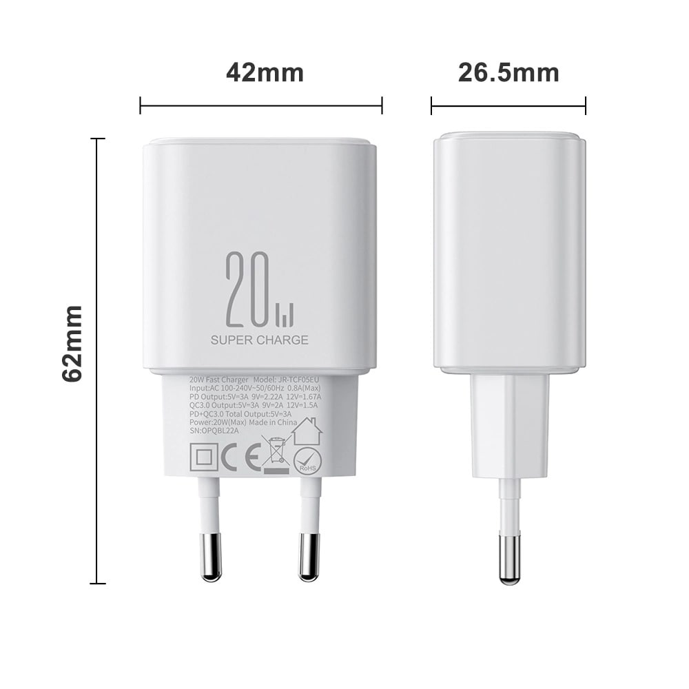 Joyroom PD 20W Οικιακός Φορτιστής Γρήγορης Φόρτισης με Θύρα USB και Θύρα Type - C και Καλώδιο Type - C to Type - C - White - JR - TCF05
