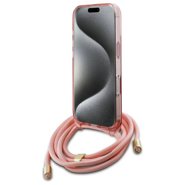 Guess iPhone 16 Pro - Crossbody Cord Script MagSafe - Σκληρή Θήκη με Πλαίσιο Σιλικόνης και Λουράκι - Pink - GUHMP16LHCTSGNSP