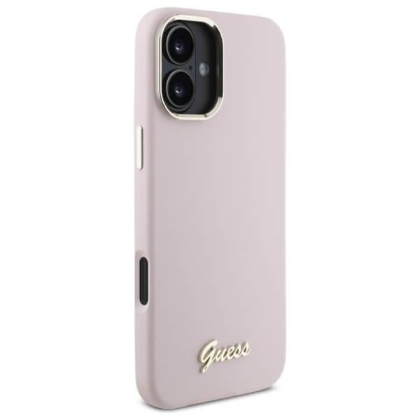 Guess iPhone 16 - Silicone Script Metal Logo and Frame - Σκληρή Θήκη με Πλαίσιο Σιλικόνης - Pink - GUHCP16SSMBSLP