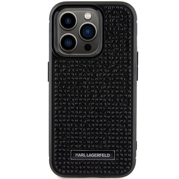 Karl Lagerfeld iPhone 15 Pro Max - Rhinestone Logo Metal Plate Σκληρή Θήκη με Πλαίσιο Σιλικόνης - Black - KLHCP15XHDSPLK