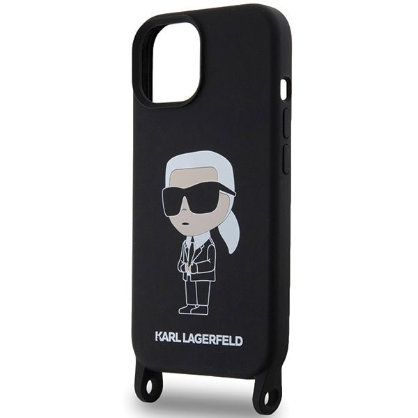 Karl Lagerfeld iPhone 15 Crossbody Silicone Ikonik Σκληρή Θήκη με Πλαίσιο Σιλικόνης και Λουράκι - Black - KLHCP15SSCBSKNK