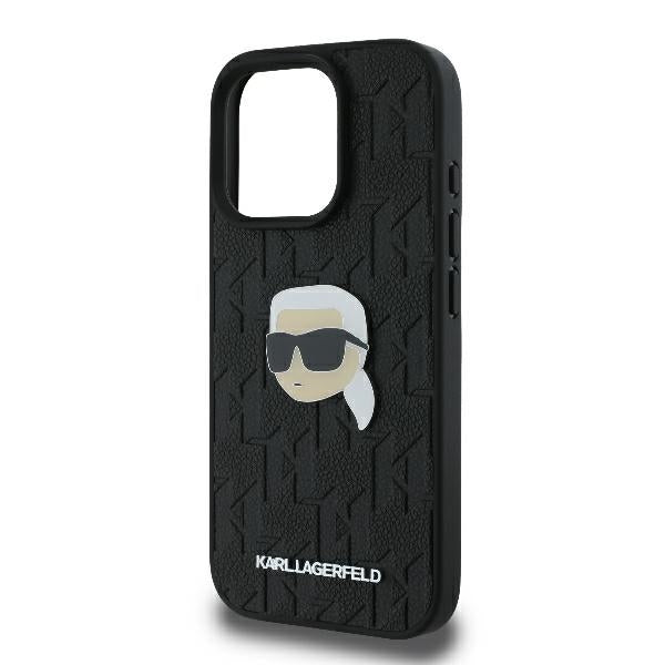 Karl Lagerfeld iPhone 16 Pro Max - Monogram Karl Head Pin Σκληρή Θήκη με Επένδυση Συνθετικού Δέρματος - Black - KLHCP16XPGKLKIPK