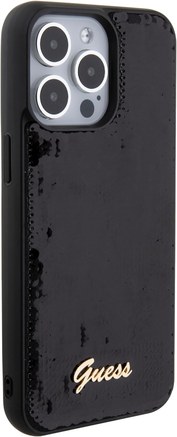 Guess iPhone 15 Pro Max - Sequin Script Metal Σκληρή Θήκη με Επένδυση από Παγέτες - Black - GUHCP15XPSFDGSK