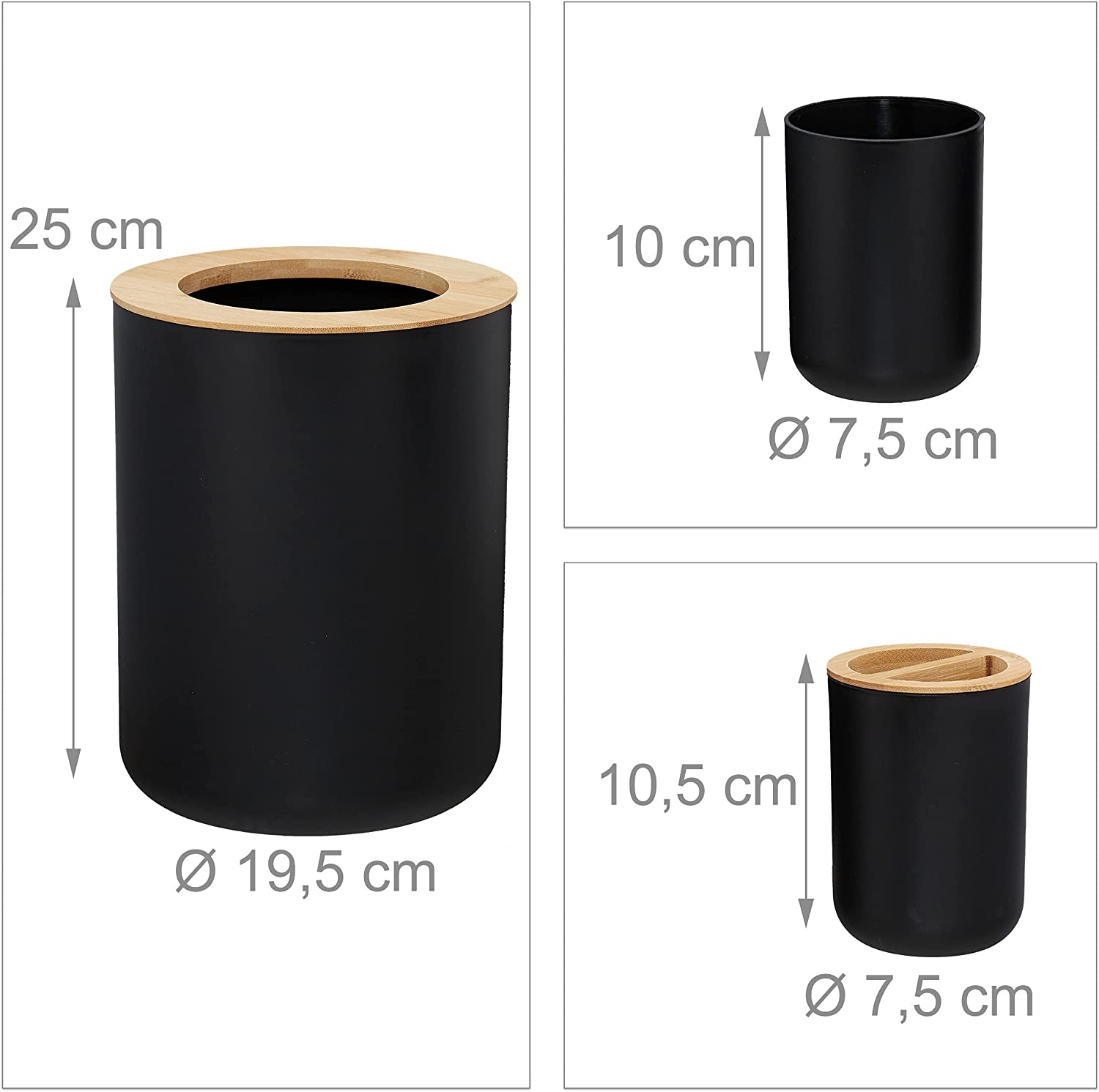 Relaxdays Αξεσουάρ Μπάνιου Σετ 6 Τεμαχίων από Πλαστικό και Μπαμπού - Black / Light Brown - 4052025886516