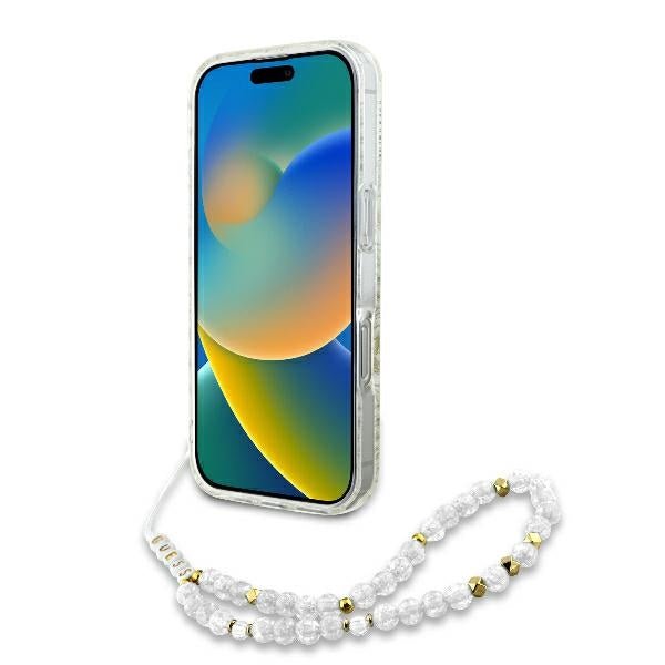 Guess iPhone 16 Pro - IML Flowers Allover Electro With Pearl Strap MagSafe - Σκληρή Θήκη με Πλαίσιο Σιλικόνης και Λουράκι - White / Διάφανη - GUHMP16LHCPOFPH