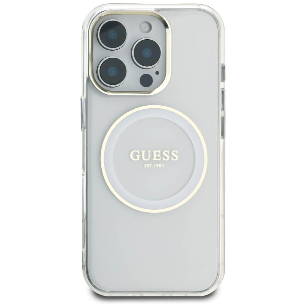 Guess iPhone 16 Pro IML Metal Colored Circle Classic Logo MagSafe Σκληρή Θήκη με Πλαίσιο Σιλικόνης και MagSafe - White - GUHMP16LHTDRCEDH