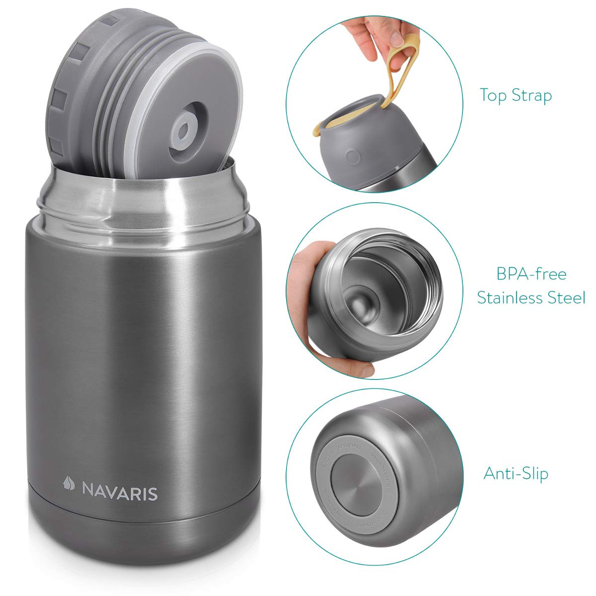 Navaris Vacuum Insulated Food Jar Θερμός από Ανοξείδωτο Ατσάλι με Καπάκι - Δοχείο Για Φαγητό - 650ml - Dark Gray - 47325.2.19