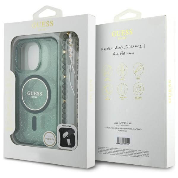 Guess iPhone 16 Pro - IML Glitter Circle With Pearl Strap MagSafe - Σκληρή Θήκη με Πλαίσιο Σιλικόνης και Λουράκι - Green - GUHMP16LHGCRELSA