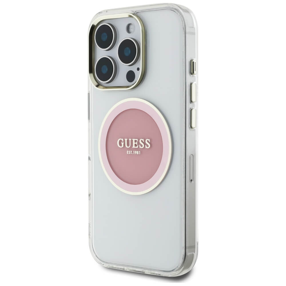 Guess iPhone 16 Pro Max IML Metal Colored Circle Classic Logo MagSafe Σκληρή Θήκη με Πλαίσιο Σιλικόνης και MagSafe - Pink - GUHMP16XHTDRCEDP