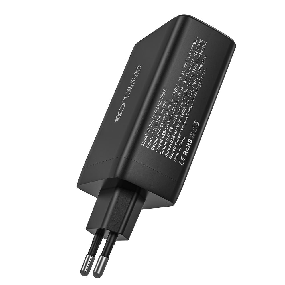 Tech - Protect NC100W - GAN 4 QC3.0 Οικιακός Φορτιστής Γρήγορης Φόρτισης με 3 Θύρες Type C και 1 Θύρα USB - Black