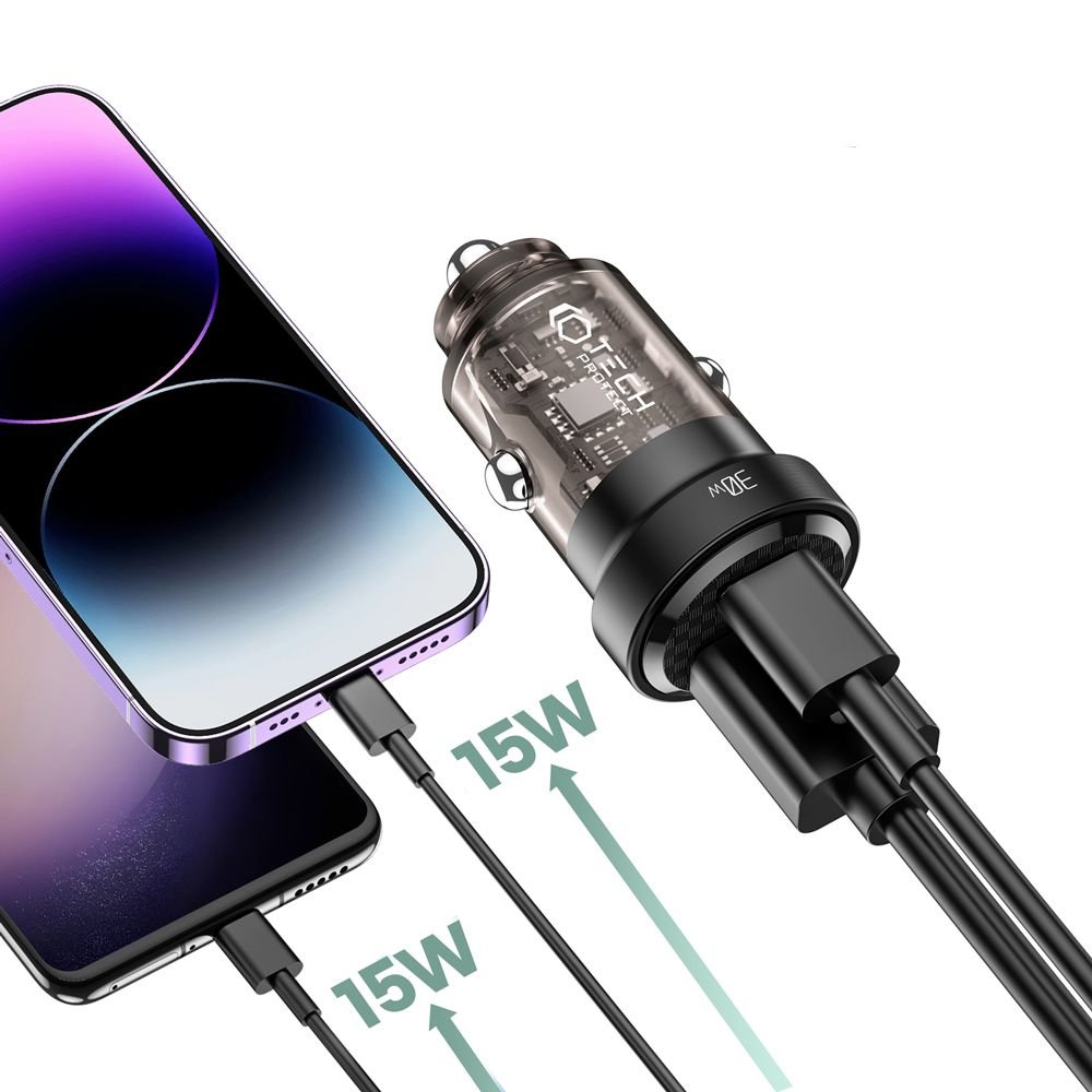 Tech - Protect CC30W PD30W QC3.0 Φορτιστής Αυτοκινήτου Γρήγορης Φόρτισης με 1 Θύρα Type - C και 1 Θύρα USB - Black