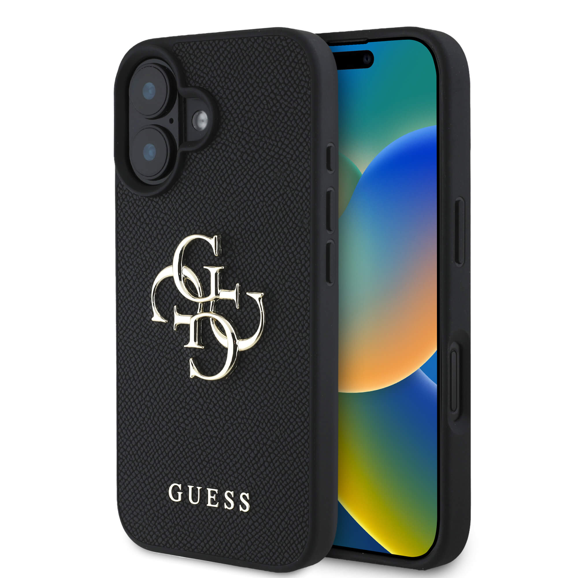 Guess iPhone 16 - Grained Big 4G Logo Small Classic Logo - Σκληρή Θήκη με Επένδυση από Οικολογικό Δέρμα - Black - GUHCP16SPGT4MBK