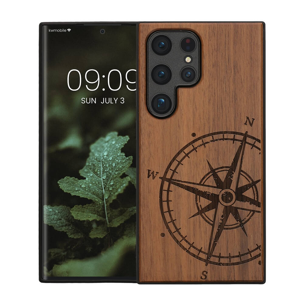 KW Samsung Galaxy S24 Ultra Θήκη από Φυσικό Ξύλο - Design Navigational Compass - Dark Brown