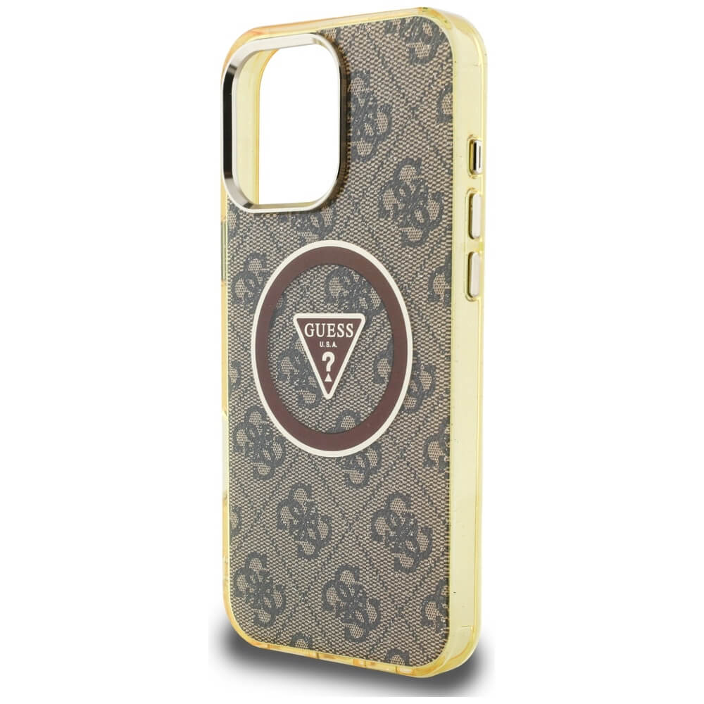 Guess iPhone 16 Pro - IML Metal Glitter 4G Circle Triangle MagSafe - Σκληρή Θήκη με Πλαίσιο Σιλικόνης και MagSafe - Brown - GUHMP16LHG4PRTGW