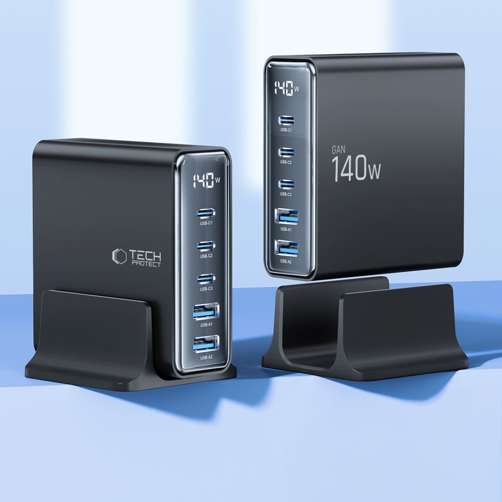 Tech - Protect DC140W - GAN Σταθμός Φόρτισης με 2 Θύρες USB και 3 Θύρες Type - C - PD140W/QC3.0 - Black