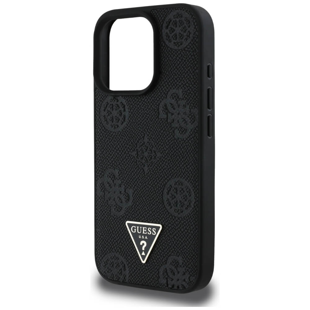 Guess iPhone 16 Pro Max - Grained Hot Stamp Peony Triangle Logo - MagSafe Σκληρή Θήκη με Επένδυση Συνθετικού Δέρματος - Black - GUHMP16XPGBTMK