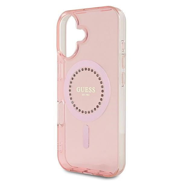 Guess iPhone 16 - IML Rhinestones - MagSafe Σκληρή Θήκη με Πλαίσιο Σιλικόνης - Pink - GUHMP16SPFTDTEP