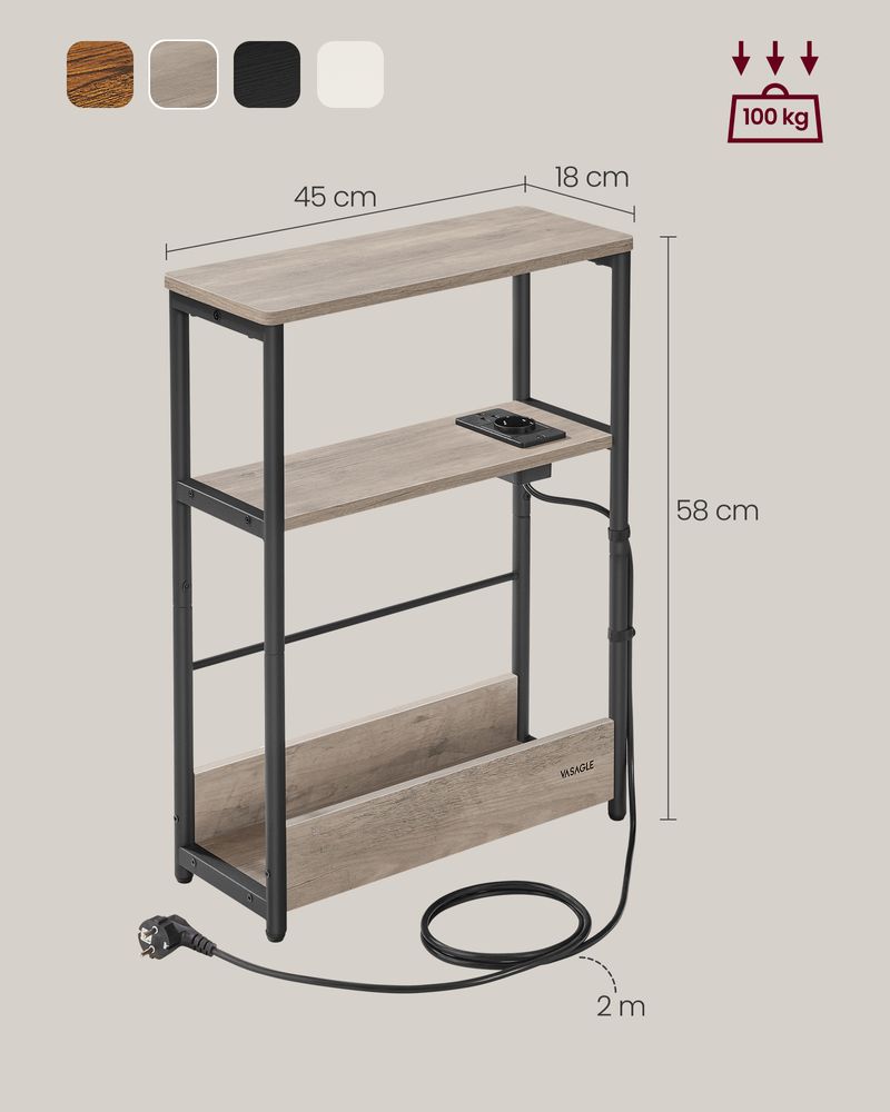 Vasagle Στενό Βοηθητικό Τραπεζάκι με Ενσωματωμένο Πολύπριζο με 1 Θύρα AC και 2 Θύρες USB - Greige Mottled / Ink Black - LET335LK02