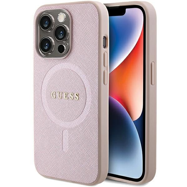 Guess iPhone 15 Pro Max Saffiano MagSafe Σκληρή Θήκη με Πλαίσιο Σιλικόνης και MagSafe - Pink - GUHMP15XPSAHMCP