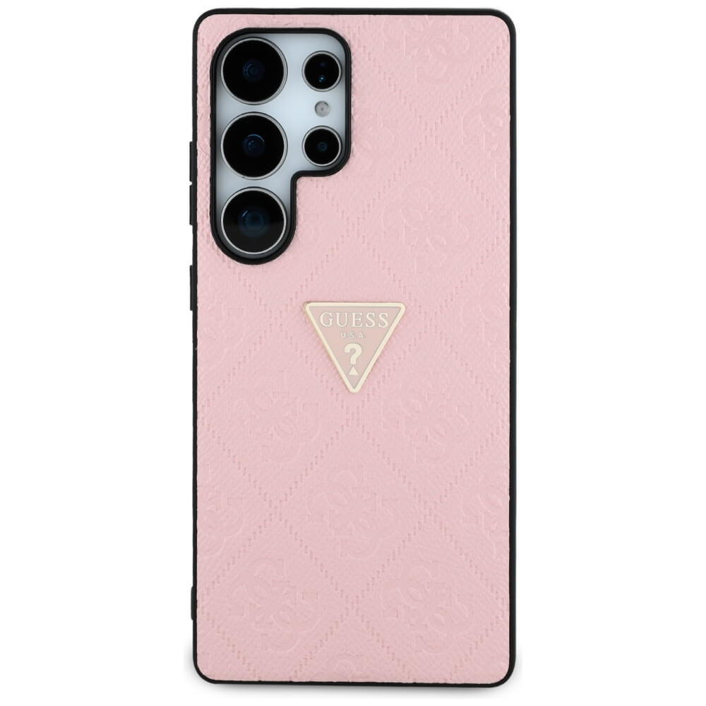 Guess Samsung Galaxy S25 Ultra - Hot Stamp 4G Pattern Triangle Metal Logo - Θήκη με Επένδυση Συνθετικού Δέρματος και Πλαίσιο Σιλικόνης - Pink - GUHCS25LPGP4STRP