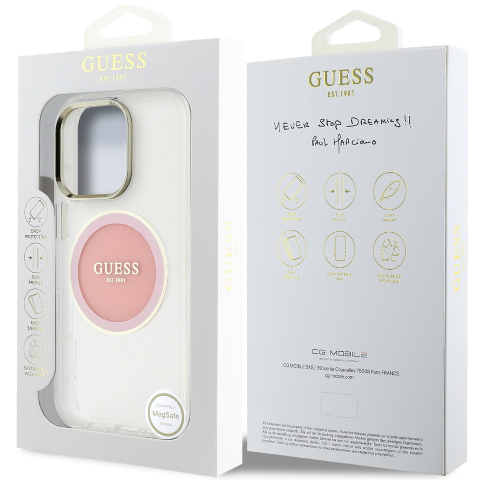 Guess iPhone 16 Pro IML Metal Colored Circle Classic Logo MagSafe Σκληρή Θήκη με Πλαίσιο Σιλικόνης και MagSafe - Pink - GUHMP16LHTDRCEDP