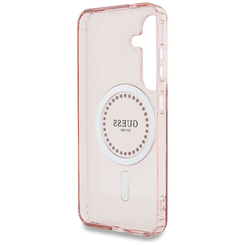 Guess Samsung Galaxy S25 - Rhinestones Printed Classic Logo - MagSafe Σκληρή Θήκη με Πλαίσιο Σιλικόνης - Pink - GUHMS25SPFTDTEP