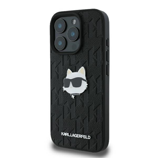 Karl Lagerfeld iPhone 16 Pro Max - Monogram Choupette Head Pin Σκληρή Θήκη με Επένδυση Συνθετικού Δέρματος - Black - KLHCP16XPGKLCHPK